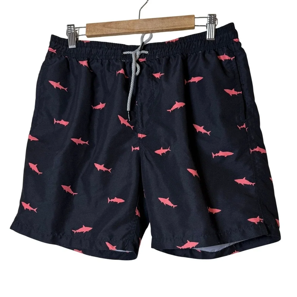 Maamgic Men Swim Trunks Large Black Pink Shark Print Mesh Lined Beach Summer